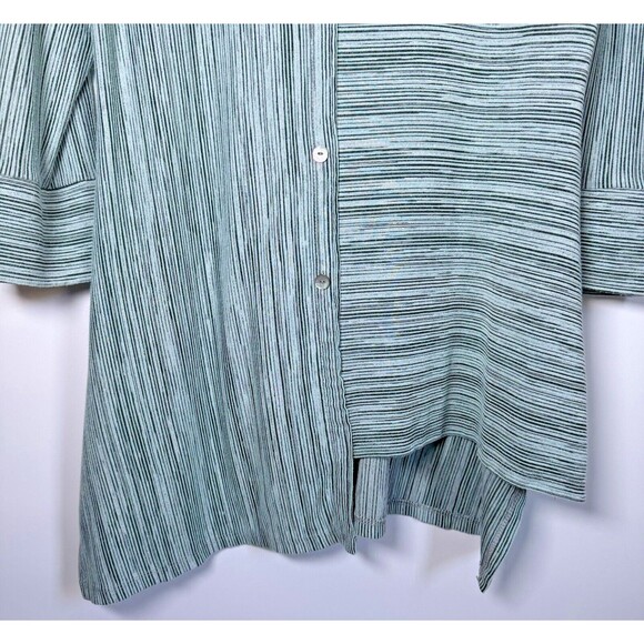 Michael Tyler Womens Small Green Striped Button Front Blouse Asymmetrical Hem - Picture 9 of 14
